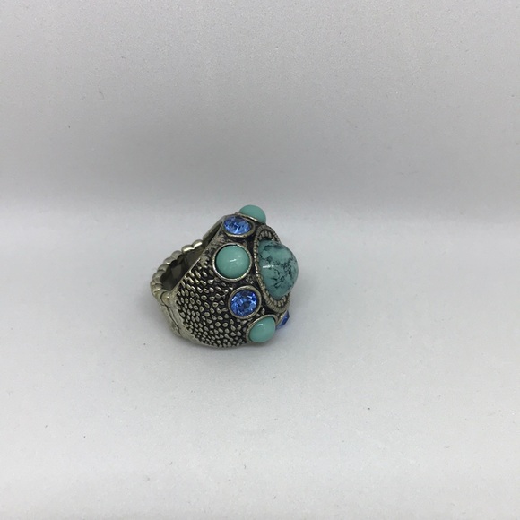 Native American Tribal Turquoise & Rhinestone Boho Elastic Ring - Picture 3 of 4